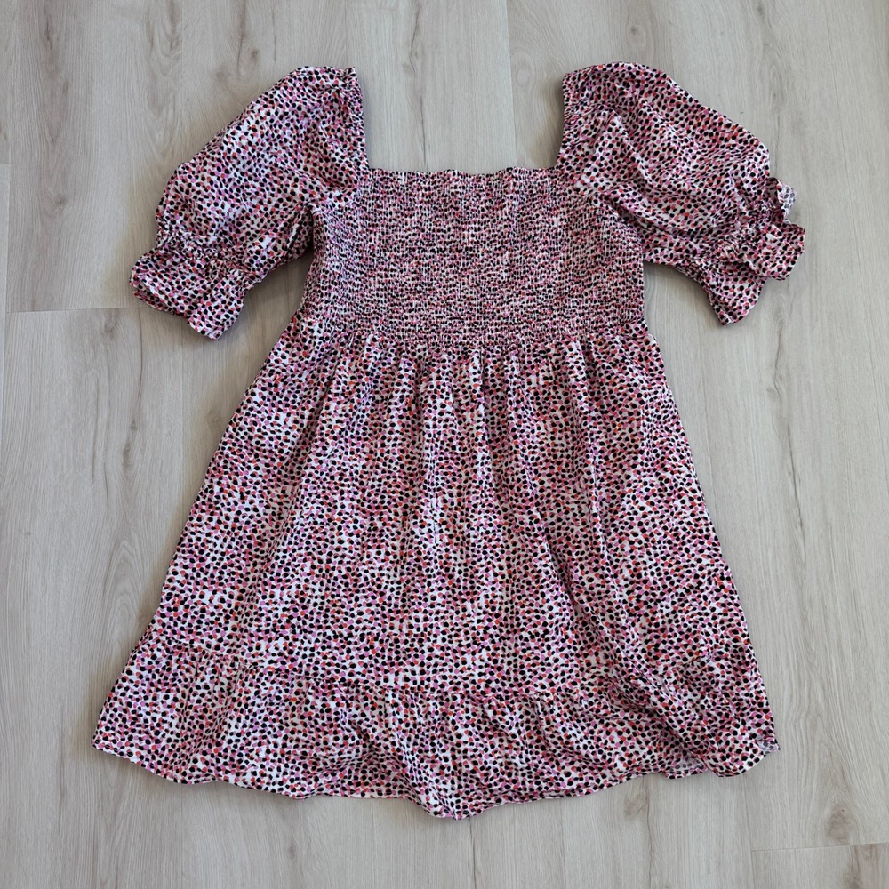 ELOQUII Elements Smocked Bodice Puff Sleeve Dress Pink Black Print 18 Chic - Picture 5 of 15